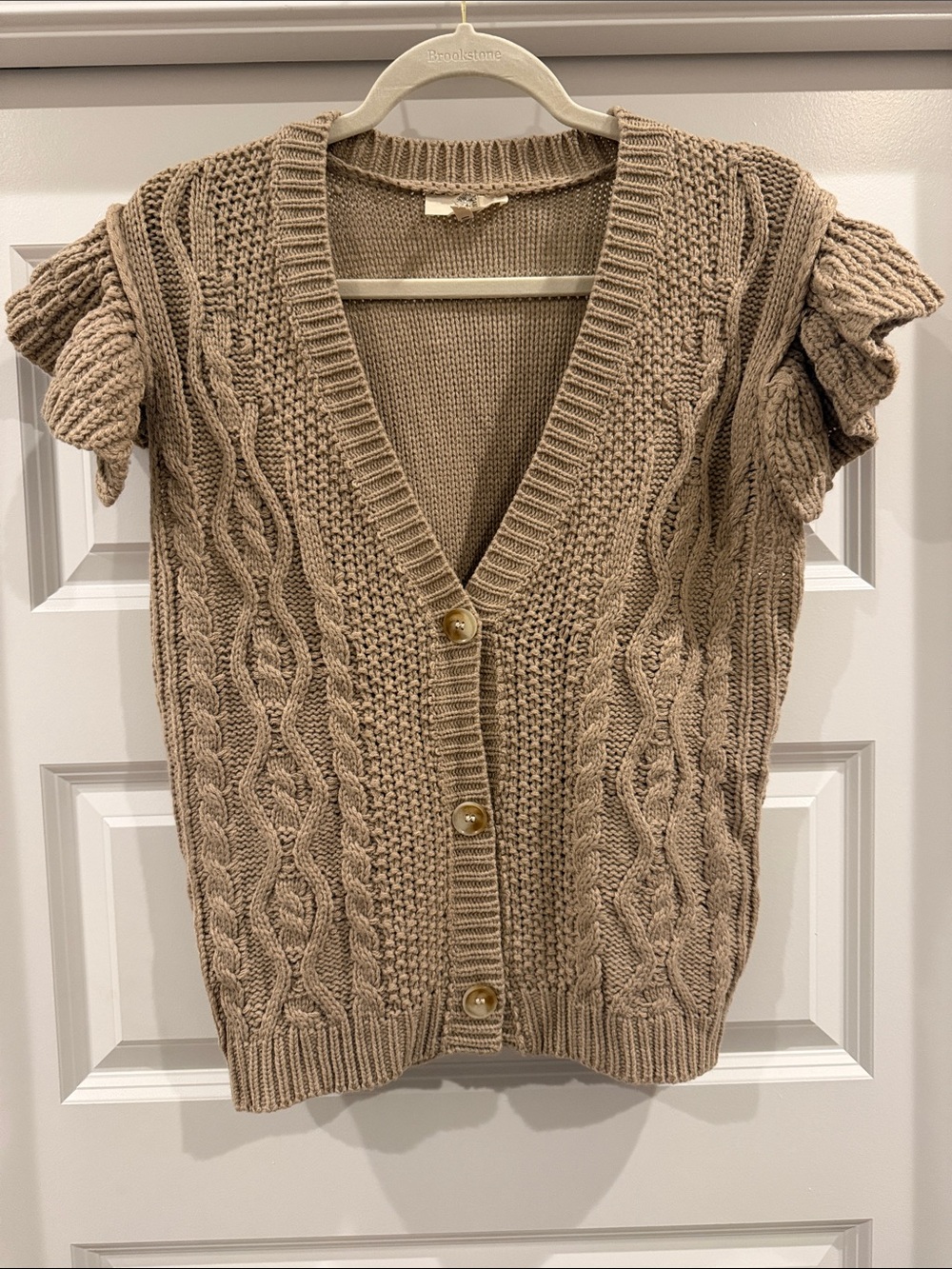 entro Taupe Cable Knit Short Sleeve Button Cardigan